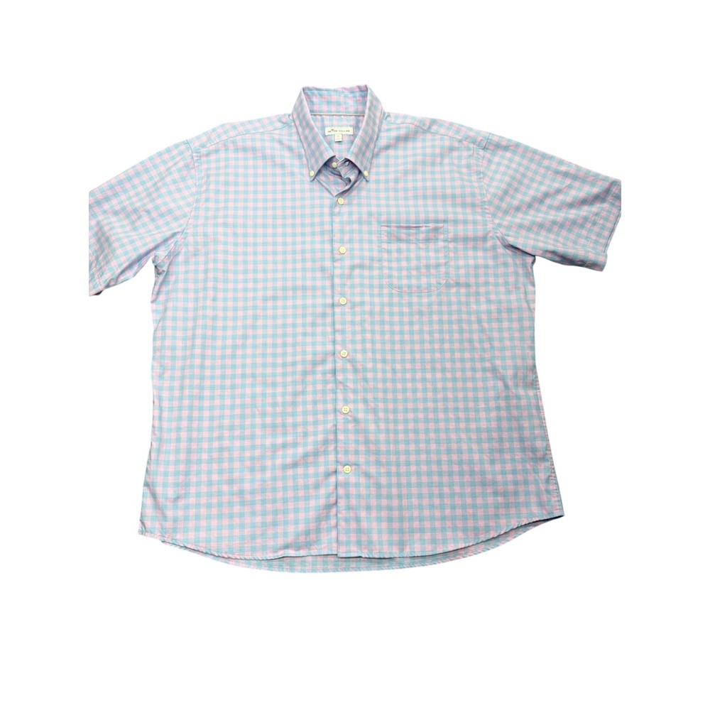 Peter Millar Mens XL Pink Blue Gingham Check Short Sleeve Button Down Shirt